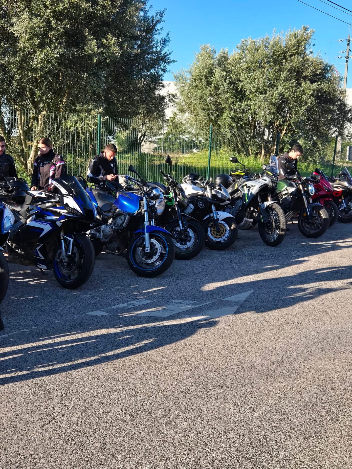 Motas e motociclistas reunidos à sombra das árvores junto a uma estrada
